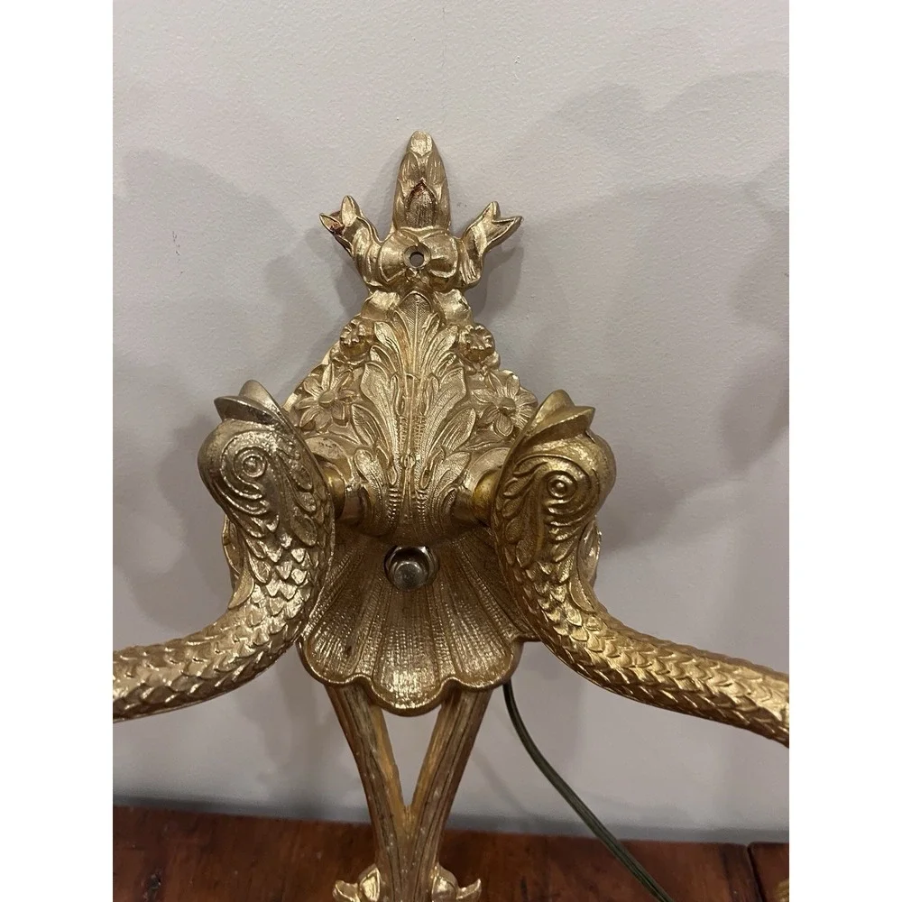 Antique Gilt Rococo 2 Arm Wall Sconce  Electric Corded Fish Glass Scallop Shades